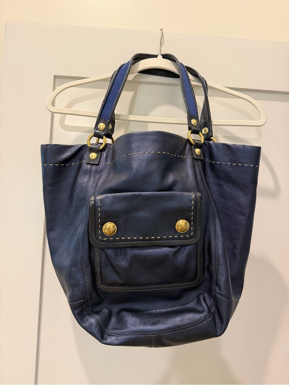 Coach Navy Leather Tote with Front Pocket and Gold Accents